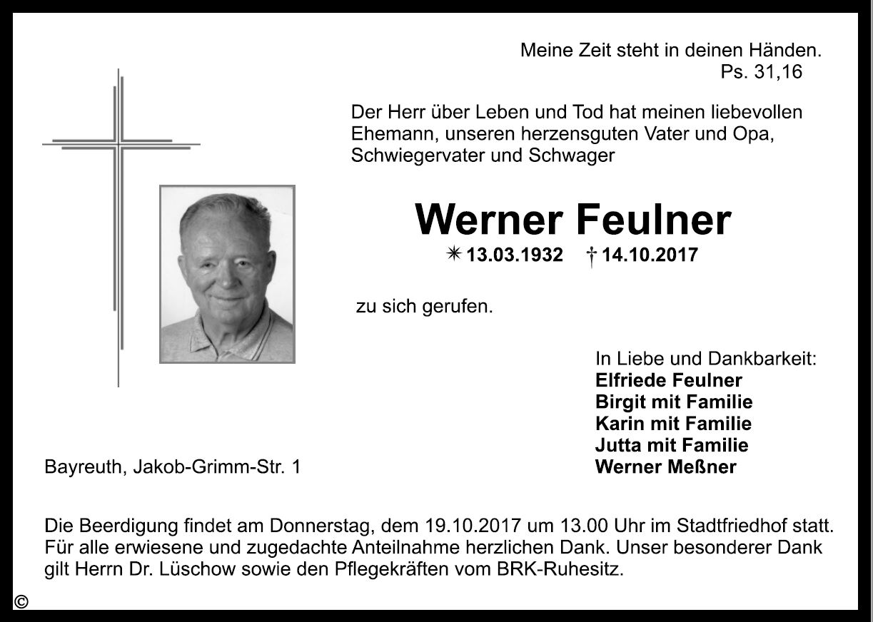 Sterbeanzeige Werner Feulner